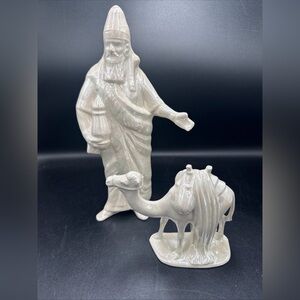 Vintage Ceramic Glazed Iridescent Color Wiseman & Camel Figurine Christmas